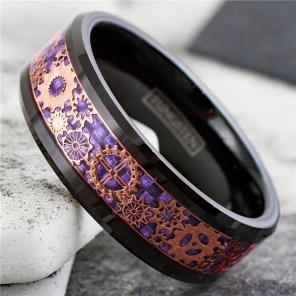 Men's Wedding Band Rings Black Rose Gold Plated Steampunk Clockwork Gears Purple - Picture 3 of 8